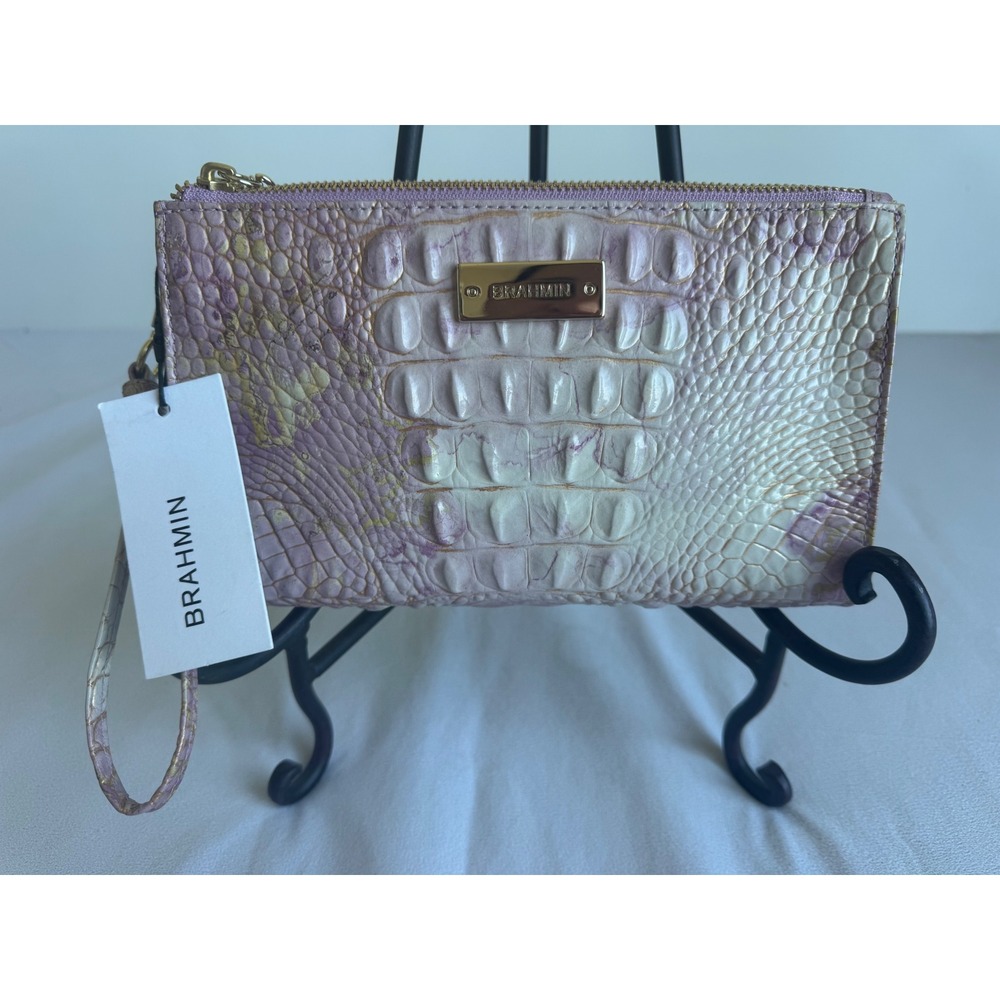 Brahmin Millie Wristlet Lilac Melbourne Leather Croc Embossed Glam RARE large